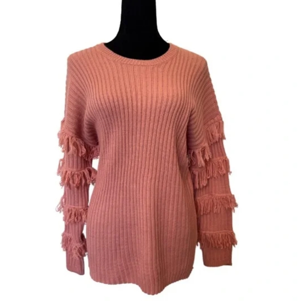 Kate & Sam Chic Peachy Pink Sweater with Fringe Accents